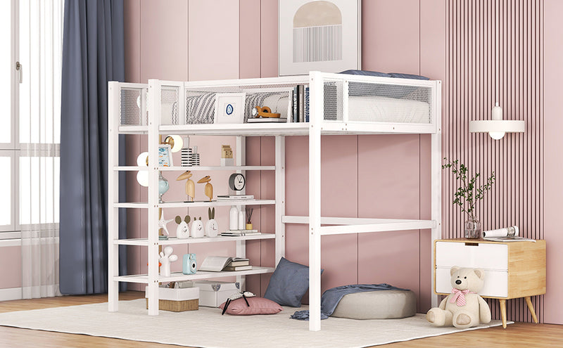 Twin Size Metal Loft Bed with 4-Tier Shelves and Storage, White