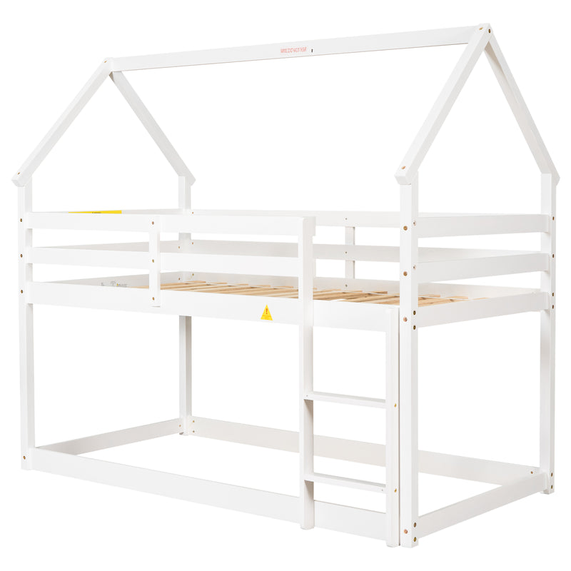 Twin over Twin Loft Bed with Roof Design, Safety Guardrail, Ladder, White