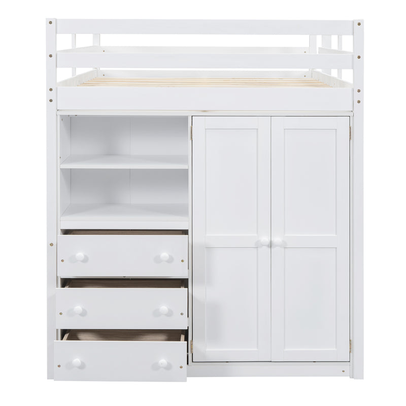 Wood Full Size Loft Bed with Built-in Wardrobe, Desk, Storage Shelves and Drawers, White