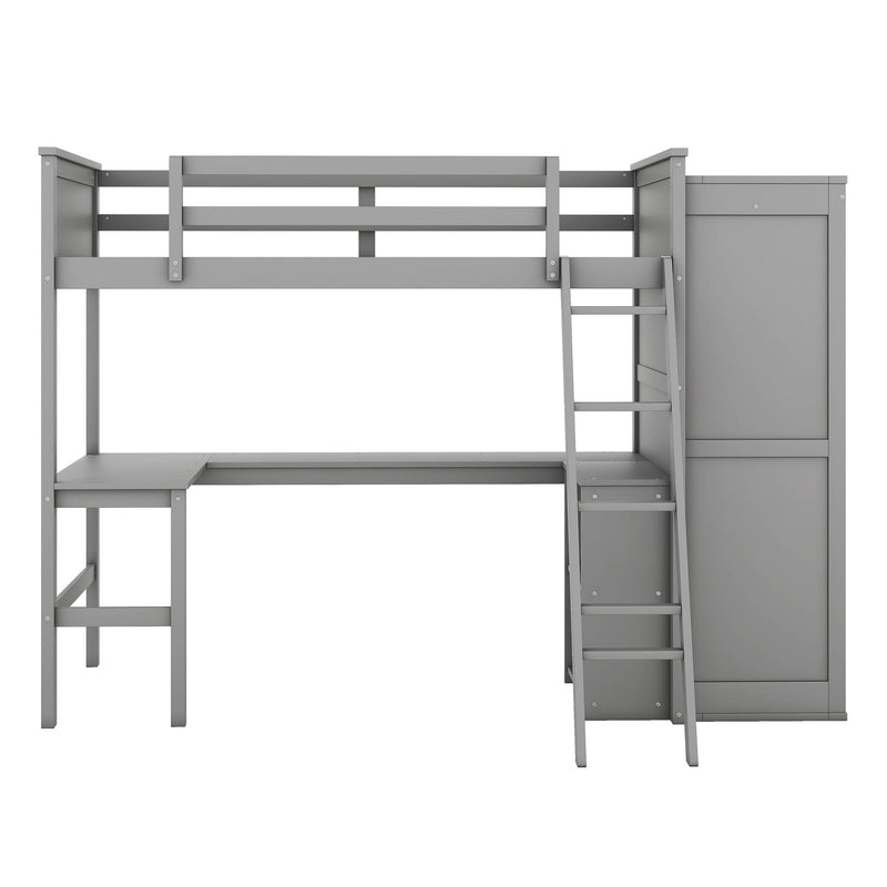 Twin Size Loft Bed With Desk, Shelves And Wardrobe - Gray