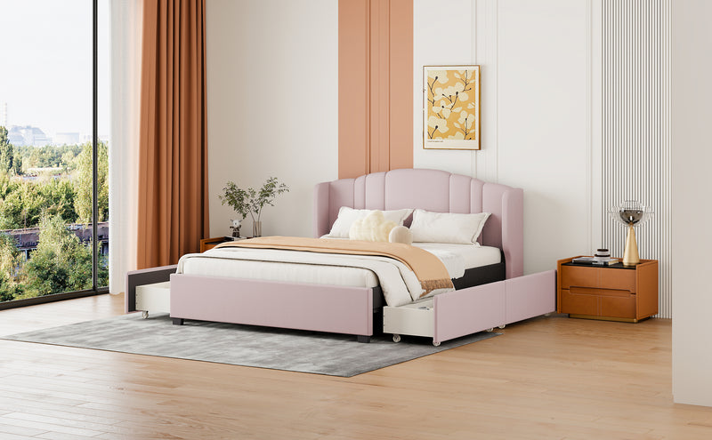 Upholstered Platform Bed with Wingback Headboard and 4 Drawers, No Box Spring Needed, Linen Fabric, Queen Size Pink