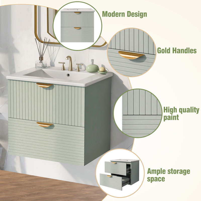 Modern Wall-Mounted Bathroom Vanity With 2 Drawers, Ideal For Small Bathrooms - Green