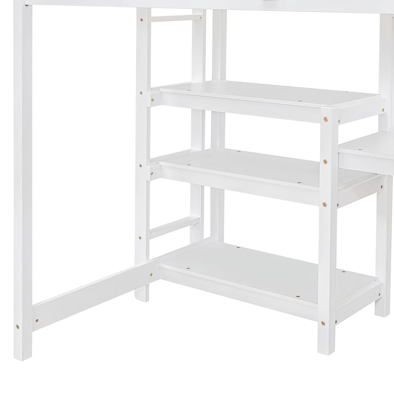 Twin Size Wooden Loft Bed with Shelves, Desk and Writing Board - White