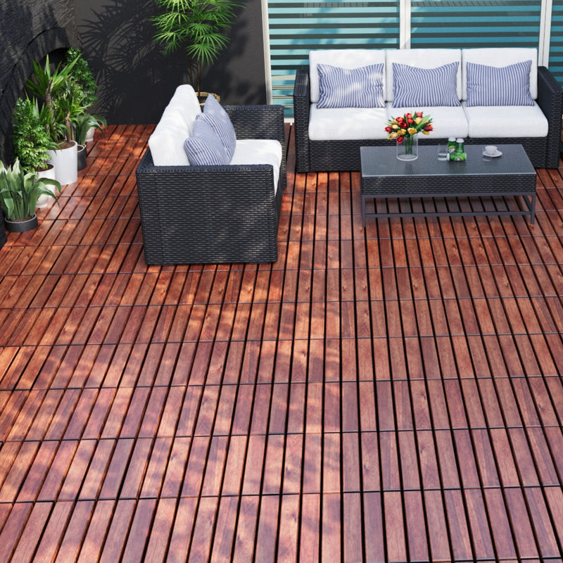 Interlocking Deck Tiles Striped Pattern, Square Acacia Hardwood Outdoor Flooring For Patio, Bancony, Pool Side