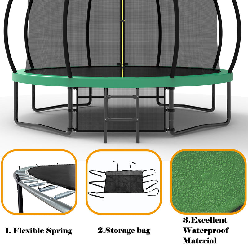 12' Recreational Kids Trampoline With Safety Enclosure Net & Ladder, Outdoor Recreational Trampolines