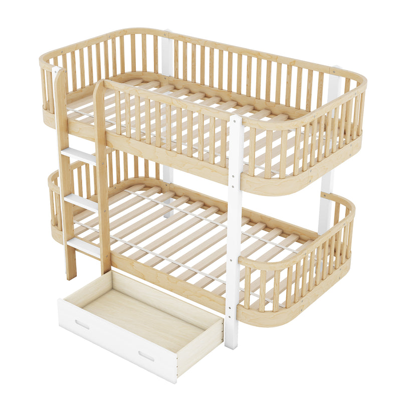 Wood Twin over Twin Bunk Bed with Fence Guardrail and a Big Drawer, Natural White