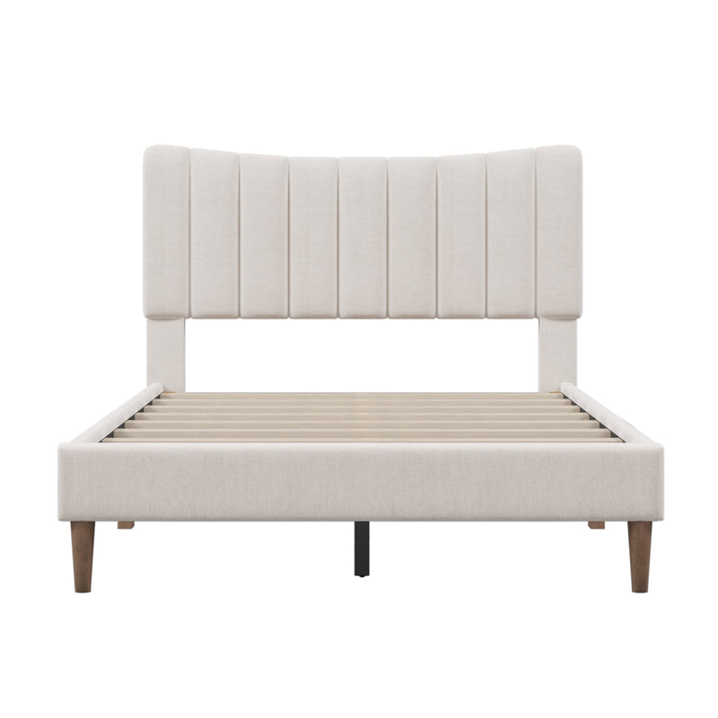 Upholstered Platform Bed Frame with Vertical Channel Tufted Headboard, No Box Spring Needed, Full, Cream