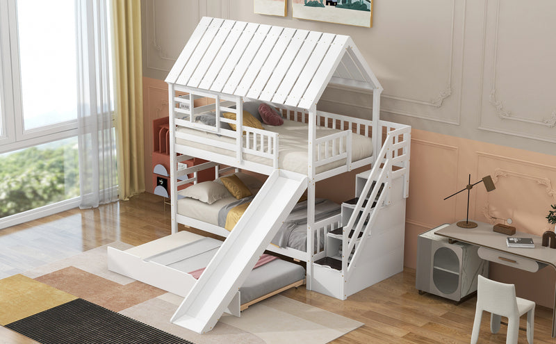 Twin over Twin House Bunk Bed with Trundle and Slide, Storage Staircase, Roof and Window Design, White(Old SKU: GX000931AAK)