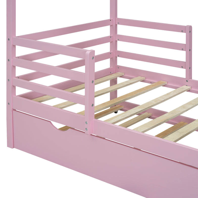 Twin Size Wood House Bed with Fence and Writing Board,Pink