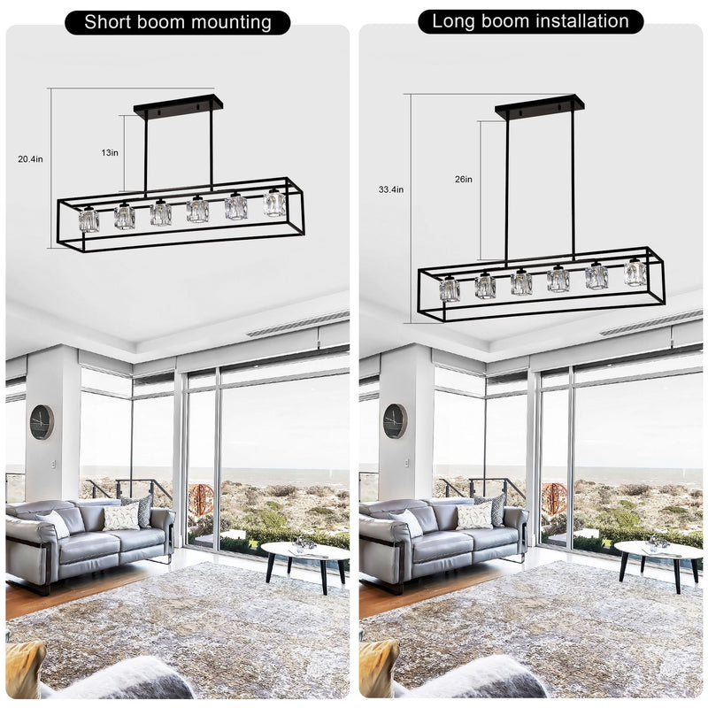 6 Light Farmhouse Chandelier, Modern Industrial Linear Rectangular Crystal Pendant Light Cage Chandelier For Dining Room, Kitchen Island, Bar, Long Table, G9*6 Bulbs Included - Matte Black