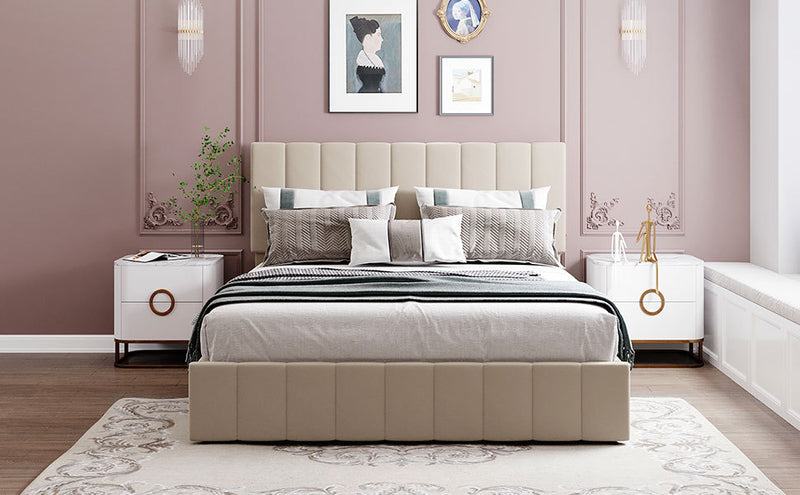 Queen size Upholstered Platform bed with a Hydraulic Storage System - Beige