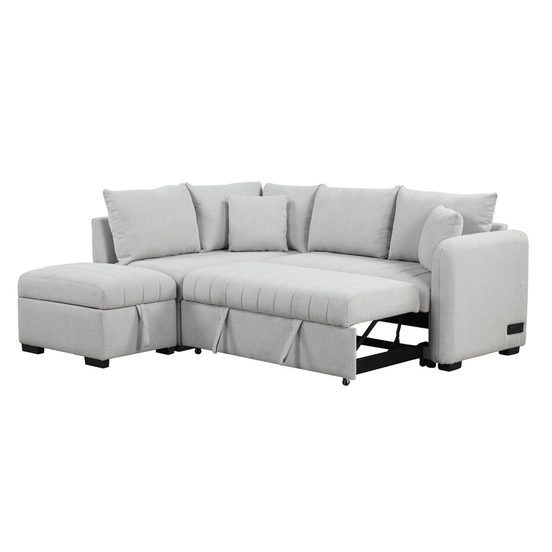 L-Shaped Sectional Pull Out Sofa Bed Sleeper Sofa With Two USB Ports, Two Power Sockets And A Movable Storage Ottoman