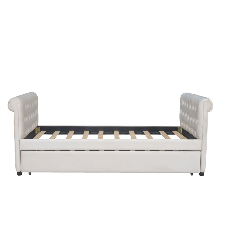 Upholstered Daybed With Trundle, Wood Slat Support