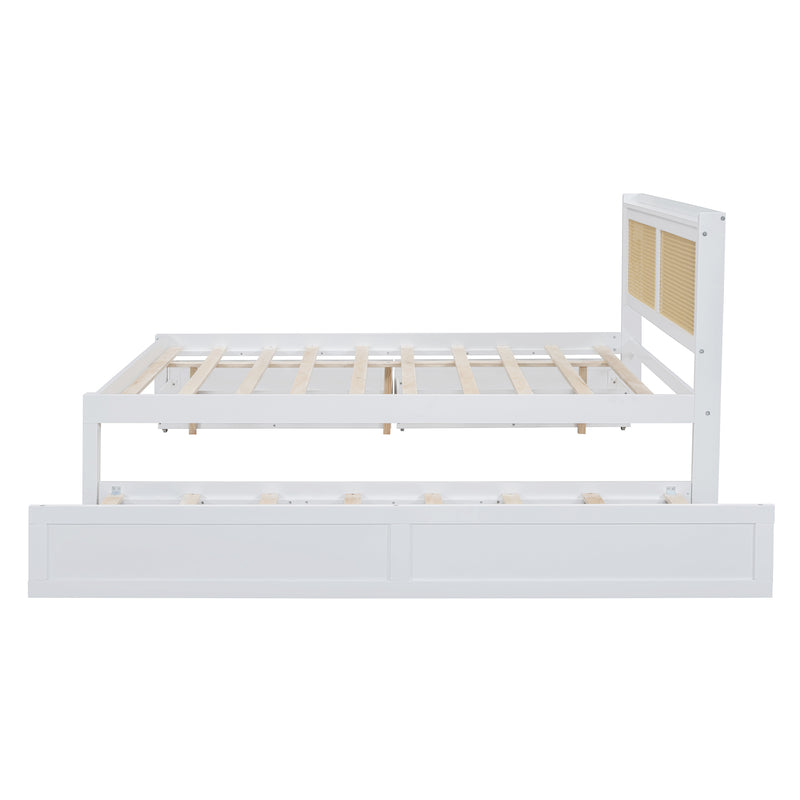 Queen Size Elegant Bed Frame with Rattan Headboard and Sockets ,White