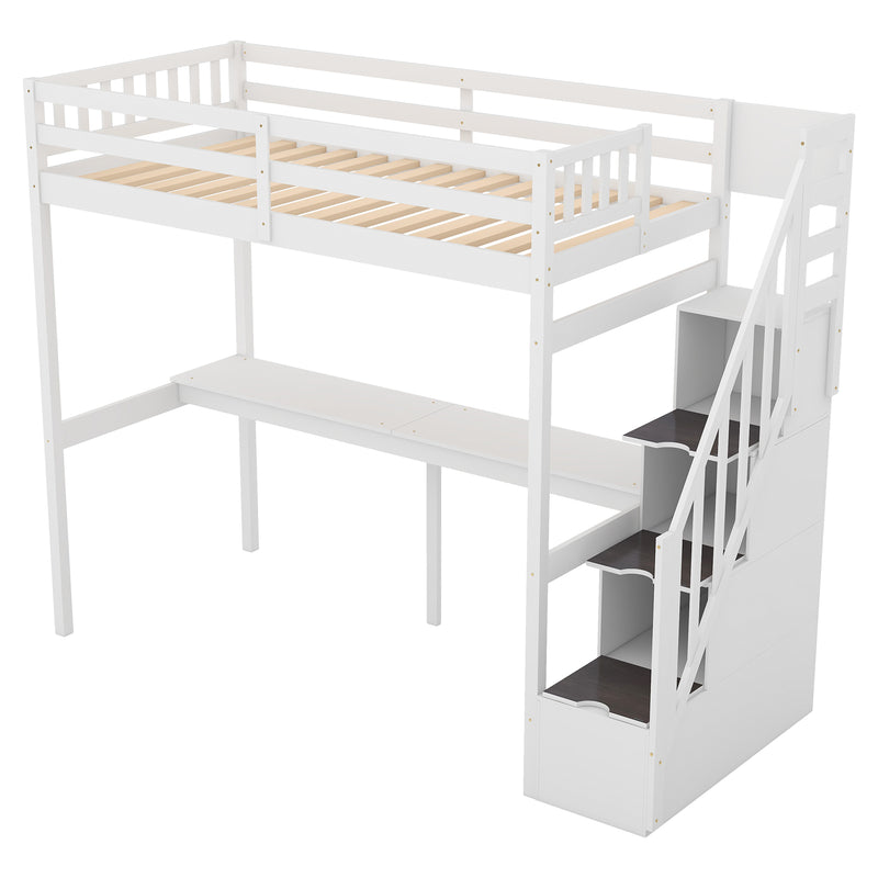 Twin Size Loft Bed with Storage Staircase and Built-in Desk, White (Old SKU:GX000903AAK)