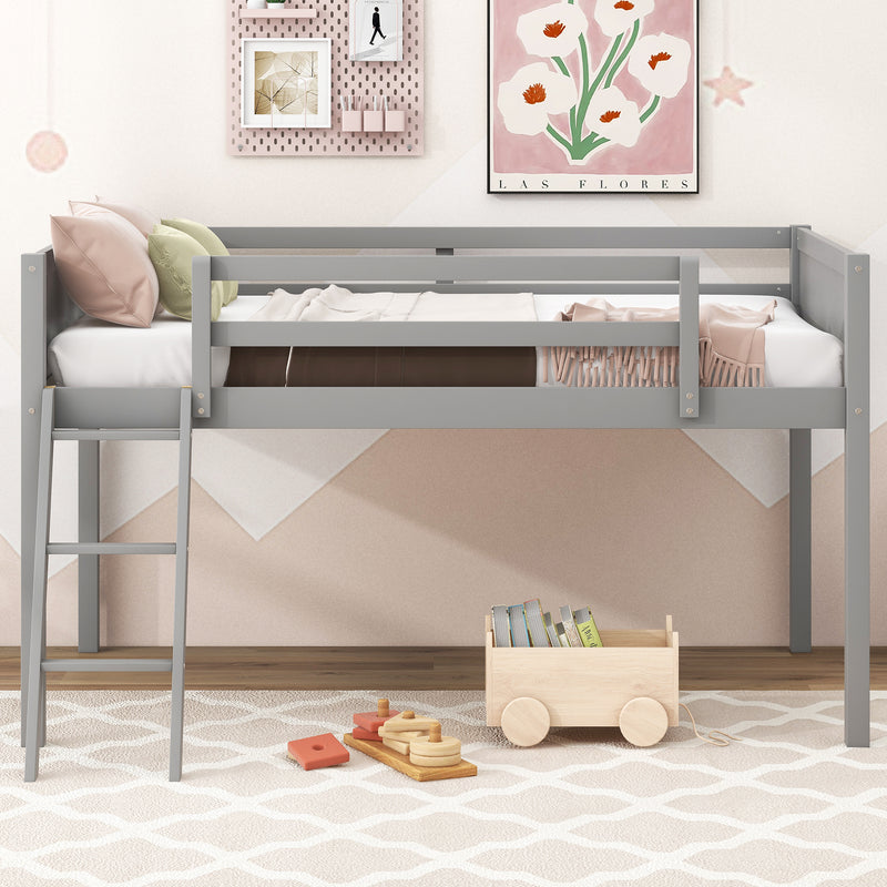 Twin Size Wood Loft Bed with Ladder, ladder can be placed on the left or right, Gray