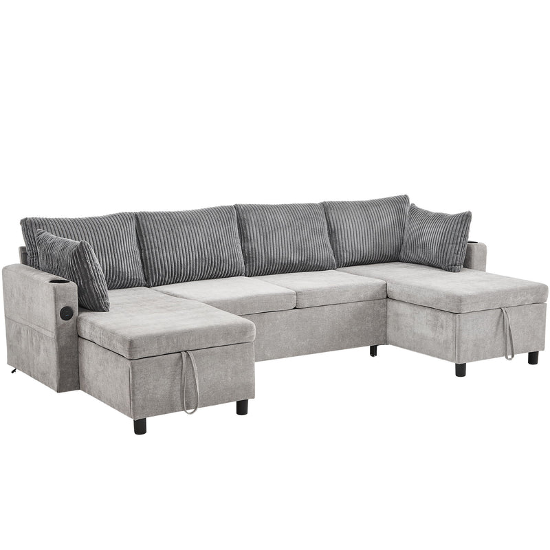 Sectional Sofa Pull Out Sofa Bed Versatile Sofa Sleeper With Large Storage Space, Two USB Ports And Two Cup Holders For Living Room