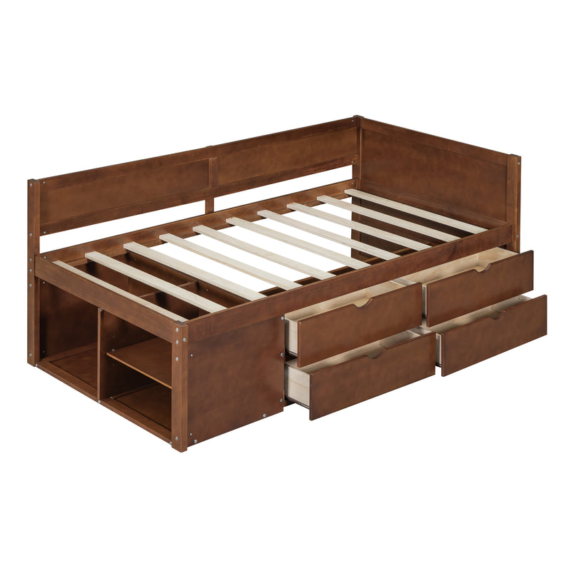 Twin Size Daybed with Drawers and Shelves, Walnut