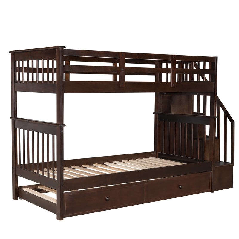 Stairway Twin-Over-Twin Bunk Bed with Twin size Trundle for Bedroom, Dorm, Adults, Espresso( old sku: LP000209AAP )