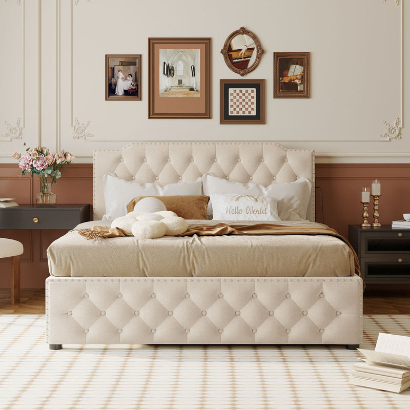 Queen Size Upholstered Platform Bed with Twin Size Trundle and 2 sets of USB Ports on each side, Linen Fabric, Beige