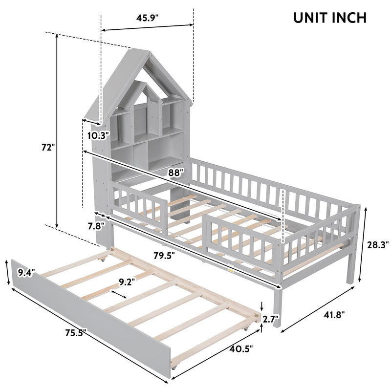 Twin Size House-Shaped Headboard with Fence Guardrails and Trundle ,Grey