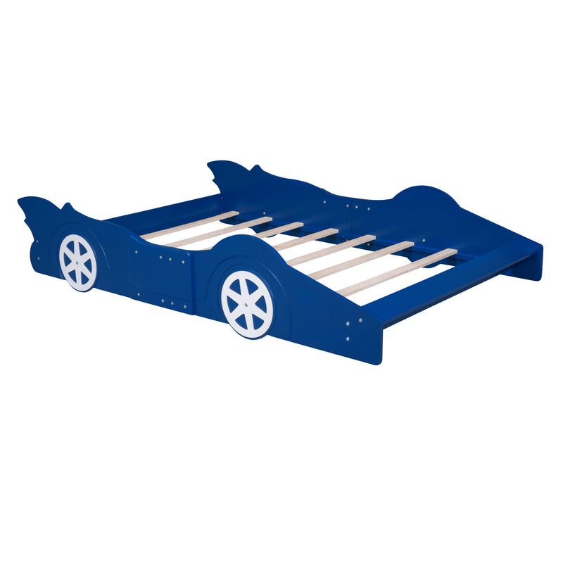 Full Size Race Car-Shaped Platform Bed With Wheels - Blue