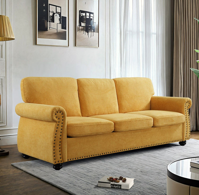 Soft Sofa, Upholstered 3 Seater Couch With High Density Foam, Loose Back Cushions And Turned Legs