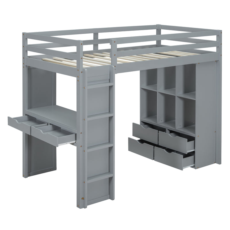 Twin Size Loft Bed with large shelves, writing desk and LED Light, Gray