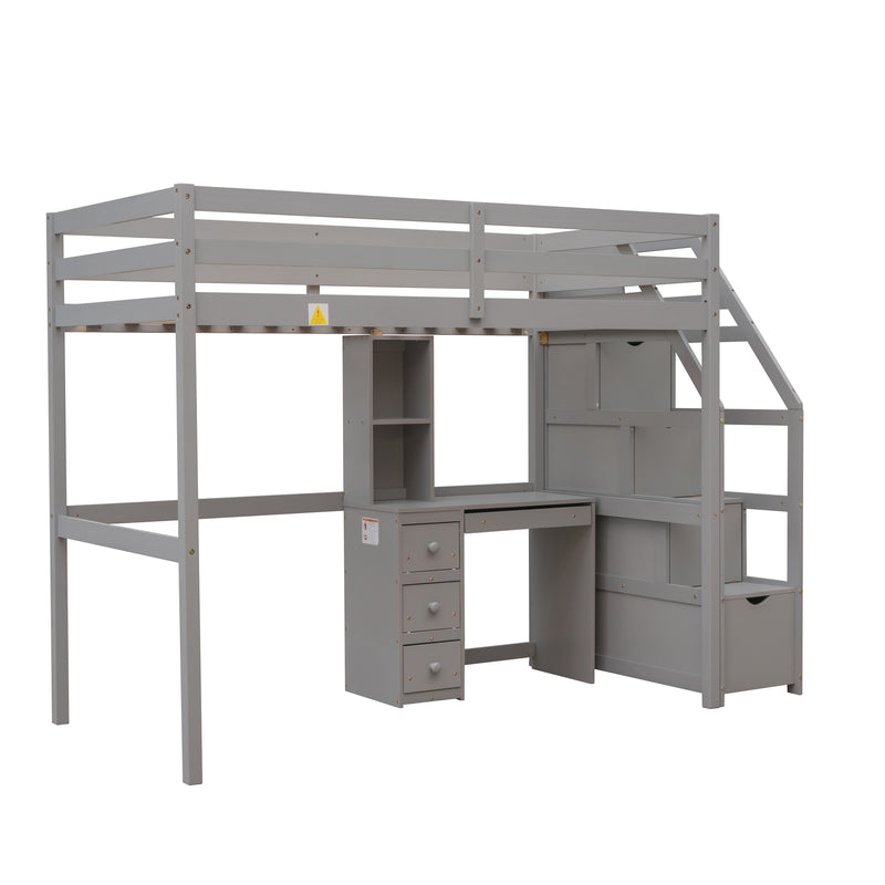 Twin Size Loft Bed with a Stand-alone Bed, Storage Staircase, Desk, Shelves and Drawers, Gray