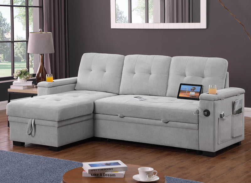 Ashlyn II - 84"W Woven Fabric Reversible Sleeper Sectional Sofa with Storage Chaise