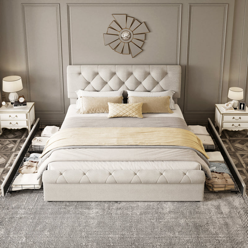 Queen size Upholstered Platform bed with Four Drawers, Antique Curved Headboard, Linen Fabric, Beige (without mattress)