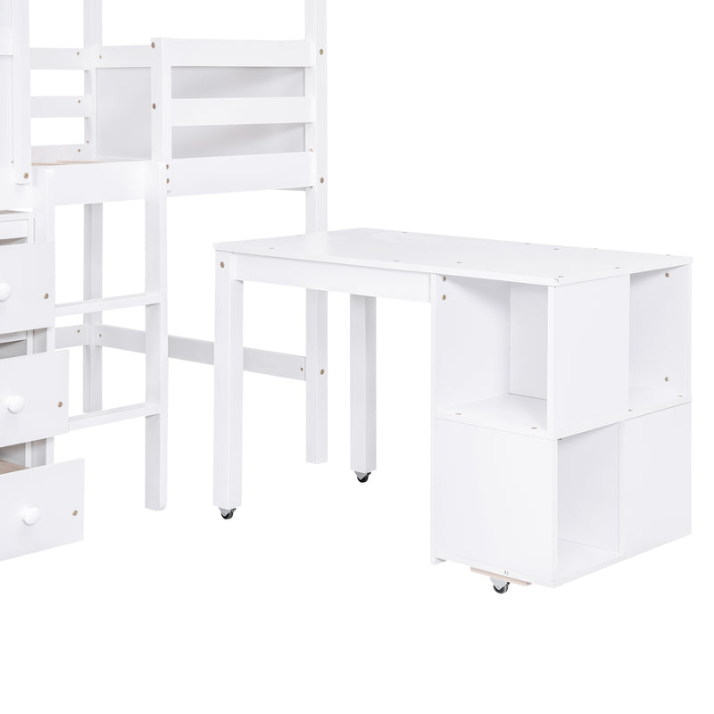 Twin Size House Loft Bed with Storage Desk and 3 Drawer Chest, White