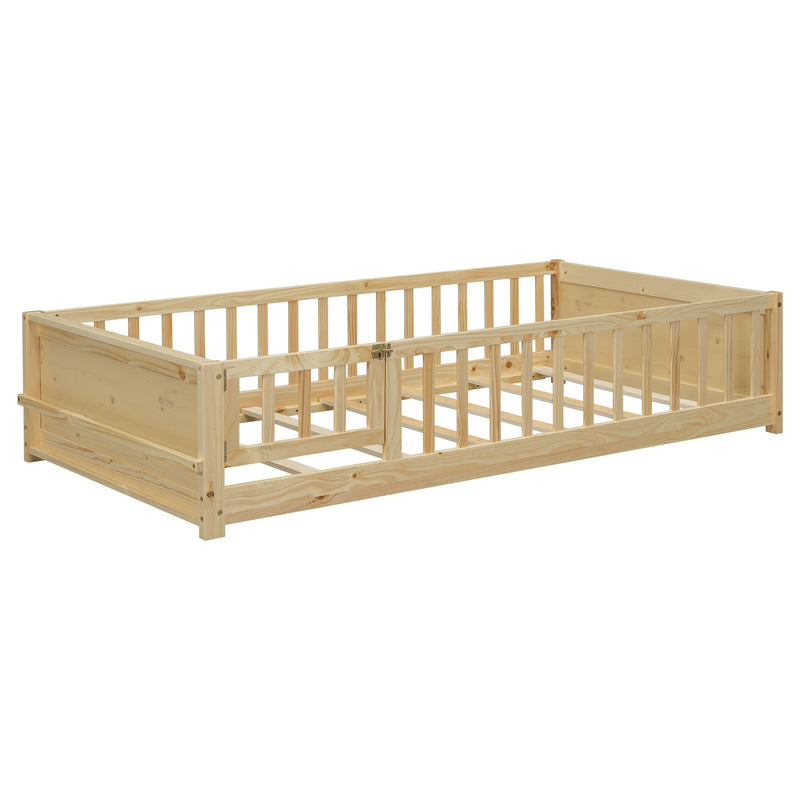 Twin size Floor Platform Bed with Built-in Book Storage Rack, Door,Natural