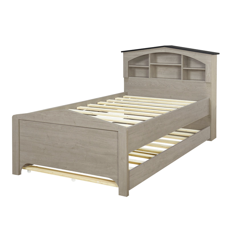 Twin Size Wood Platform Bed with House-shaped Storage Headboard and Trundle, Gray