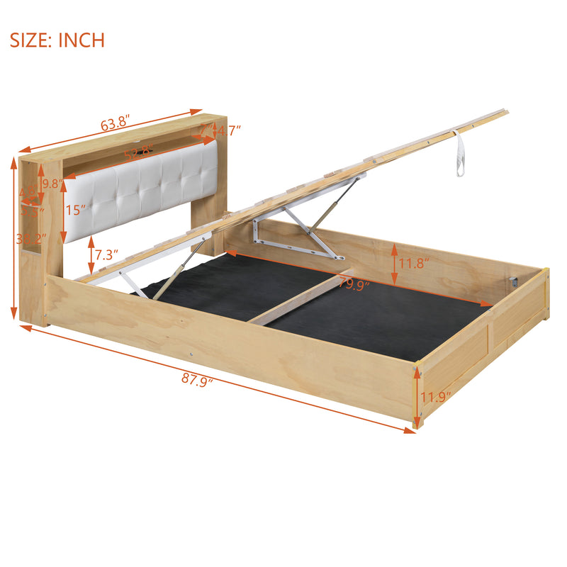 Queen Size Tufted Upholstered Platform Bed  with Storage Headboard and Hydraulic Storage System, Modern PU Storage Bed with Motion Activated Night Lights and USB Charger,Natural