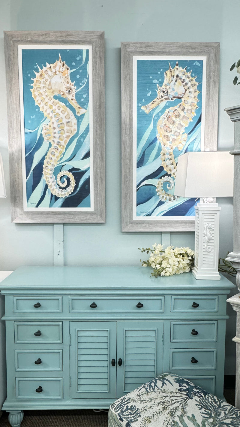 Seahorse on Teal B - Coastal Art.