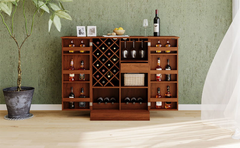 Home Bar Cabinet, Industrial Rattan Door Fold Out Bar Cabinet With Storage Bar Table - Walnut