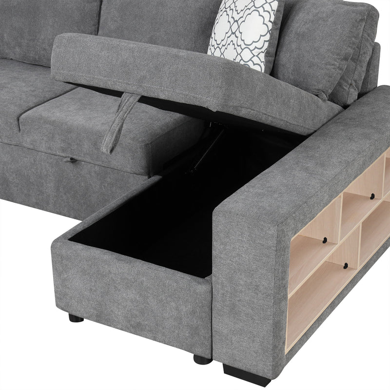 U-Shaped Sectional Sofa Pull-Out Sofa Bed With Two USB Ports, A Storage Chaise Lounge And Four Back Pillows For Living Room