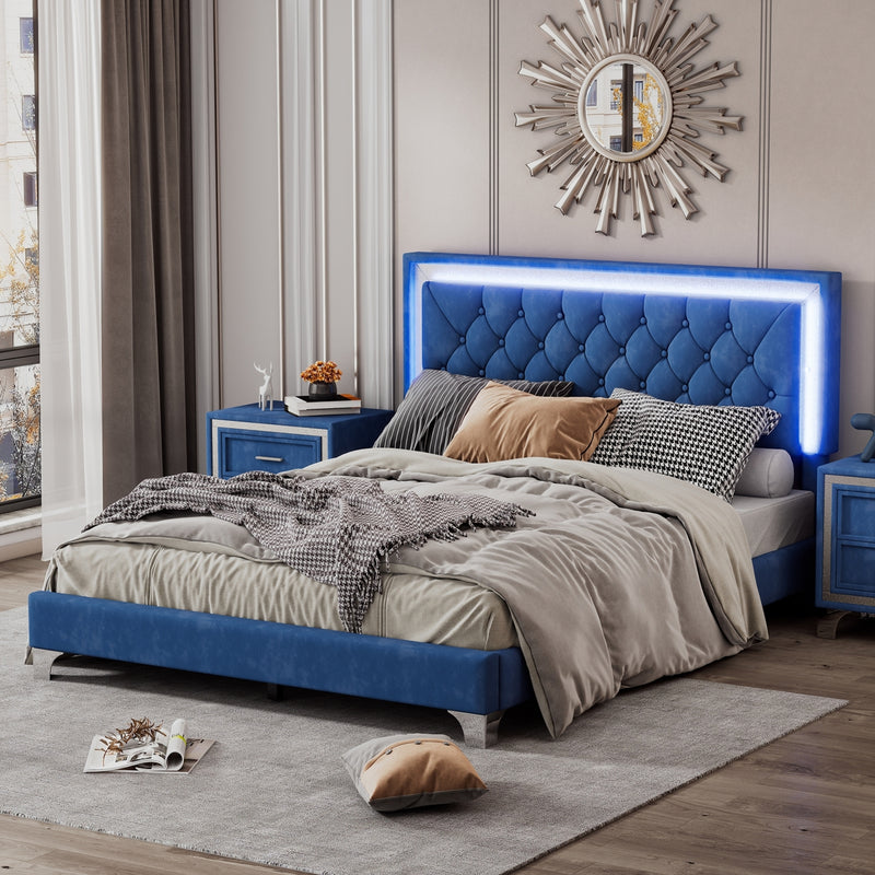 Queen Size Upholstered Bed Frame with LED Lights,Modern Velvet Platform Bed with Tufted Headboard,Blue