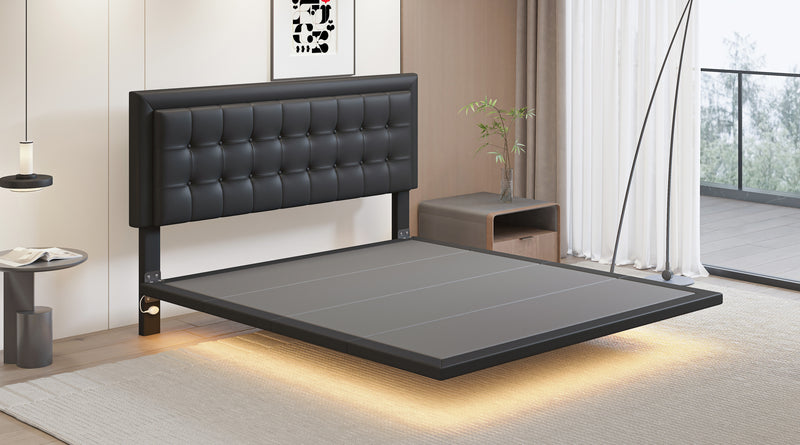 Queen Size Floating Bed Frame with Motion Activated Night Lights,Modern PU Upholstered Button Tufted Platform Bed Frame,Black