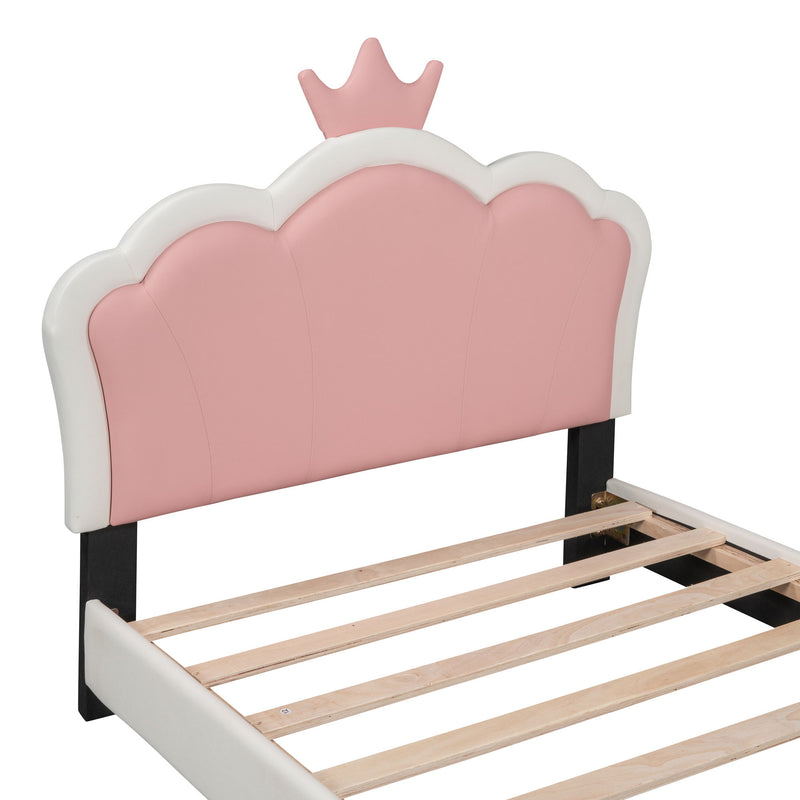 Twin Size Upholstered Princess Bed With Crown Headboard, Twin Size Platform Bed With Headboard And Footboard - White / Pink