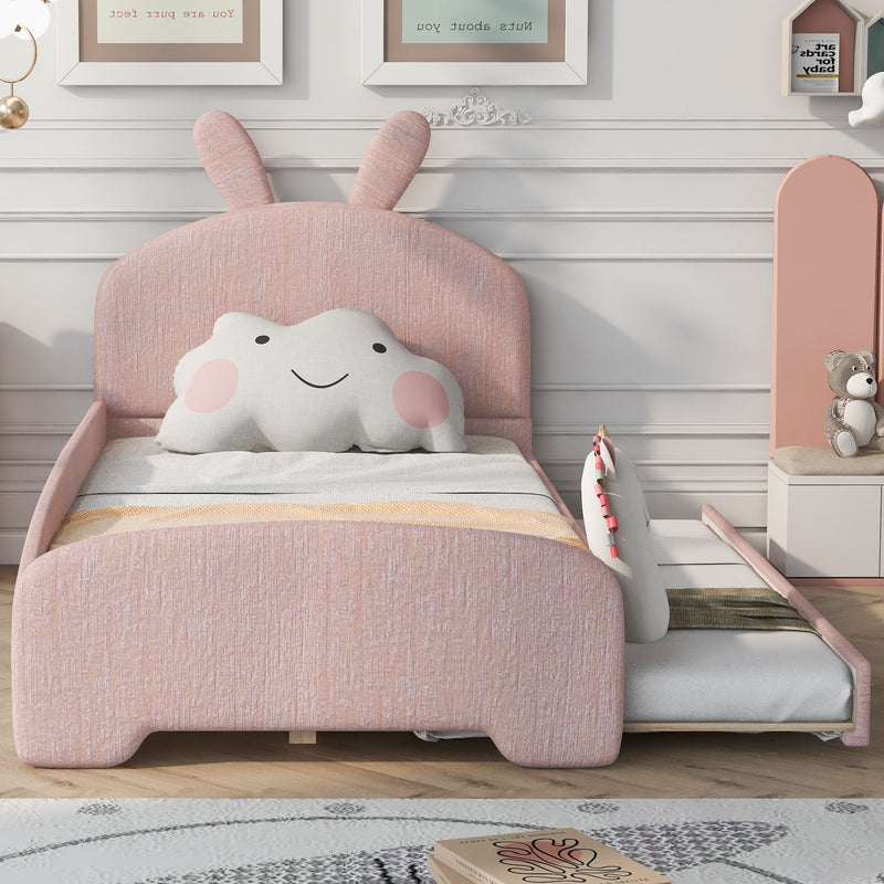 Twin Size Upholstered Platform Bed with Cartoon Ears Shaped Headboard and Trundle, Pink