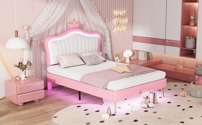 Queen Size Upholstered Bed Frame with LED Lights,Modern Upholstered Princess Bed With Crown Headboard,White+Pink