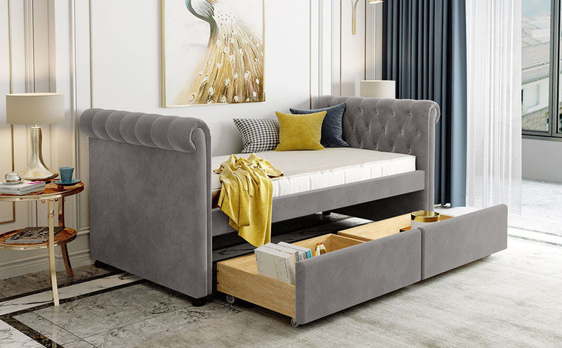 Upholstered Daybed With Drawers, Wood Slat Support