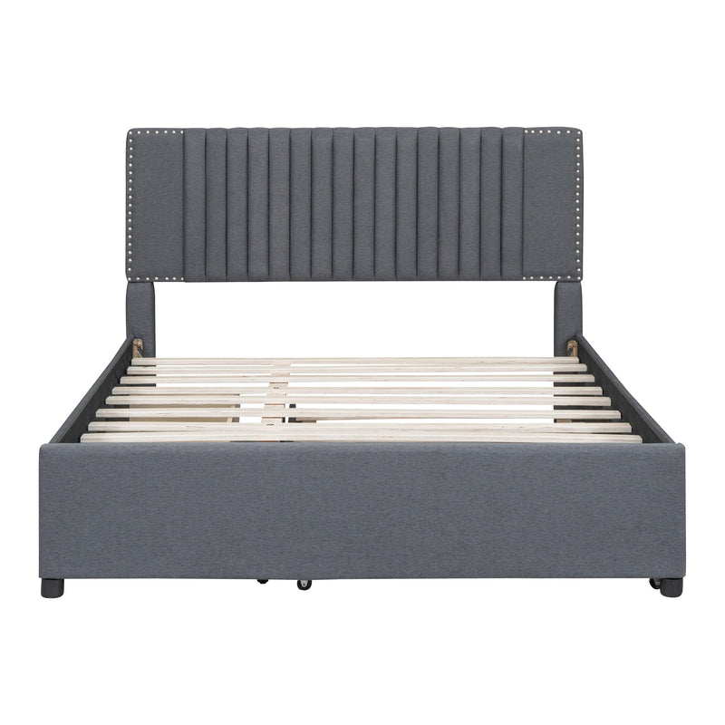 Queen Size Upholstered Platform Bed with 2 Drawers and 1 Twin XL Trundle, Classic Headboard Design, Gray