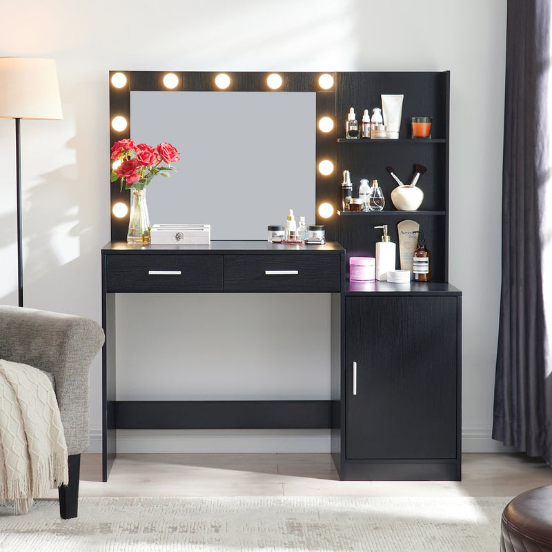 Vanity Desk With Mirror And Lights, 46.4In Dressing Table With 2 Large Drawer & Large Vertical Organizer, 3 Level Dresser & 3 Lighting Modes Adjustable Brightness, Suitable For Bedroom