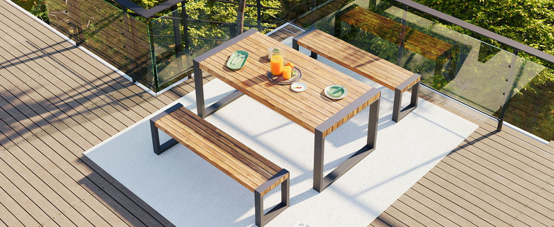 3 Pieces Outdoor Dining Table With 2 Benches, Patio Dining Set With Unique Top Texture, Acacia Wood Top & Steel Frame, All Weather Use, For Outdoor & Indoor - Natural