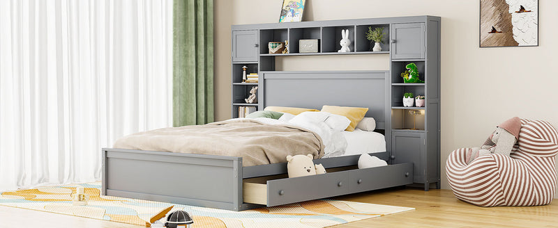 Queen Size Wooden Bed With All-in-One Cabinet, Shelf and Sockets, Gray