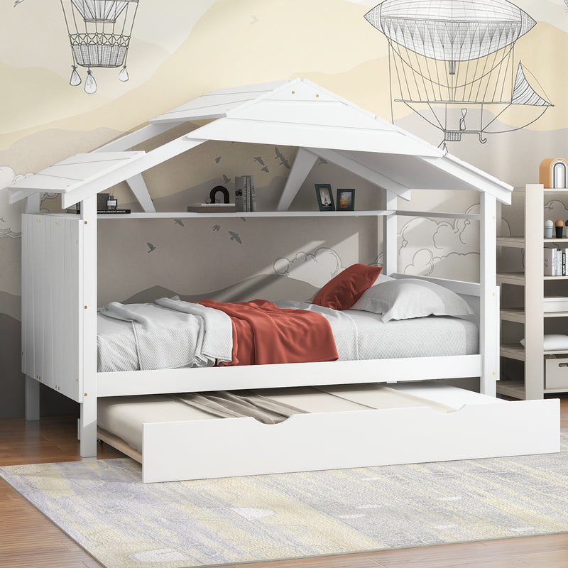 Wood Twin Size House Bed with Trundle and Storage, White