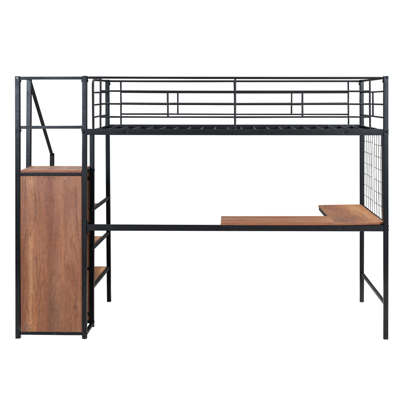 Twin Size Metal Loft Bed with Desk and Metal Grid, Stylish Metal Frame Bed with Lateral Storage Ladder and Wardrobe, Black